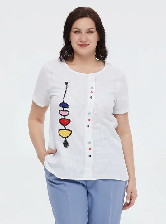 Women's Summer Cotton Linen  Oversized Short Sleeve Sequins Button Top