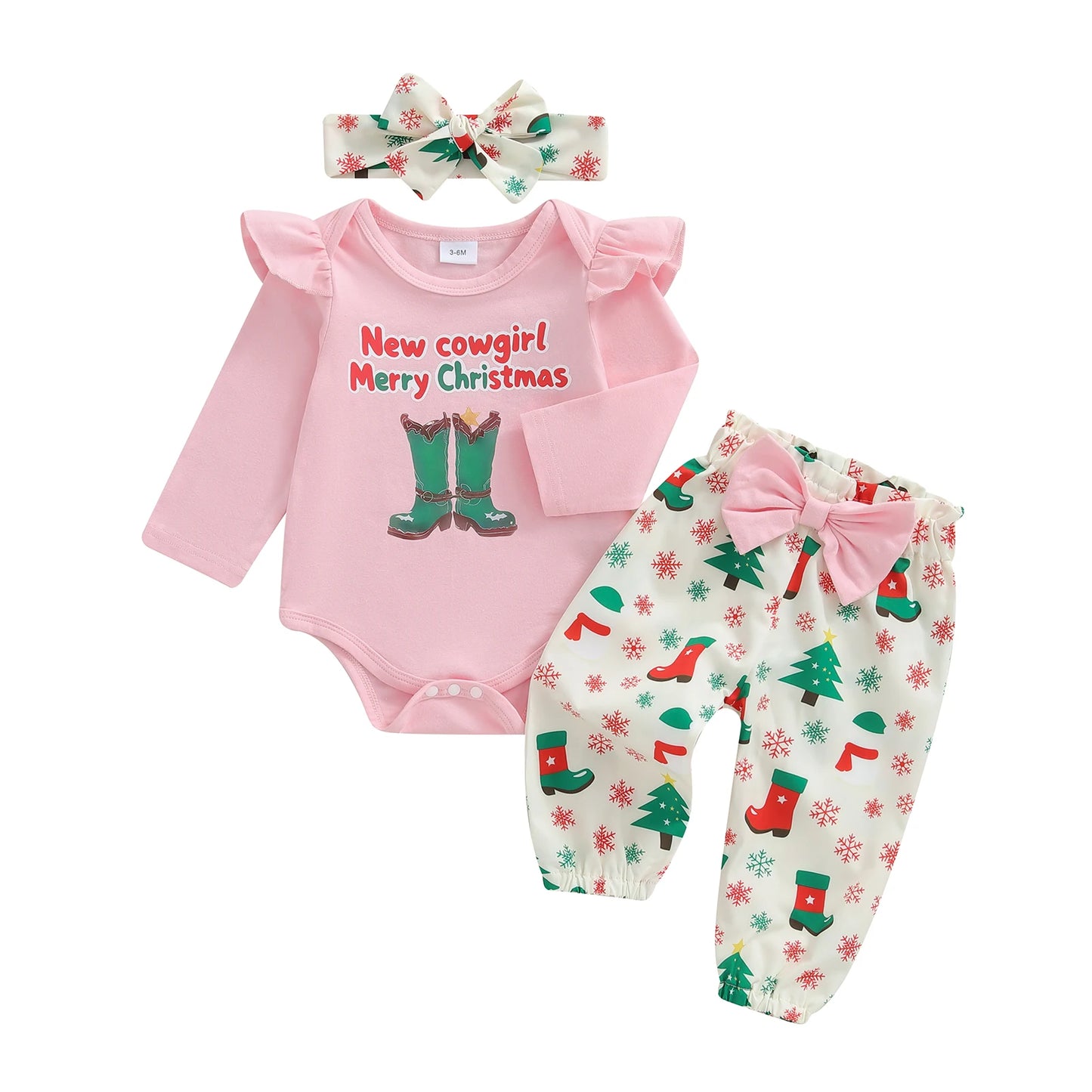 Baby Girls Christmas Outfit Set - 3-Piece Letter Long Sleeve Romper, Pants & Bow Headband (0-18M)