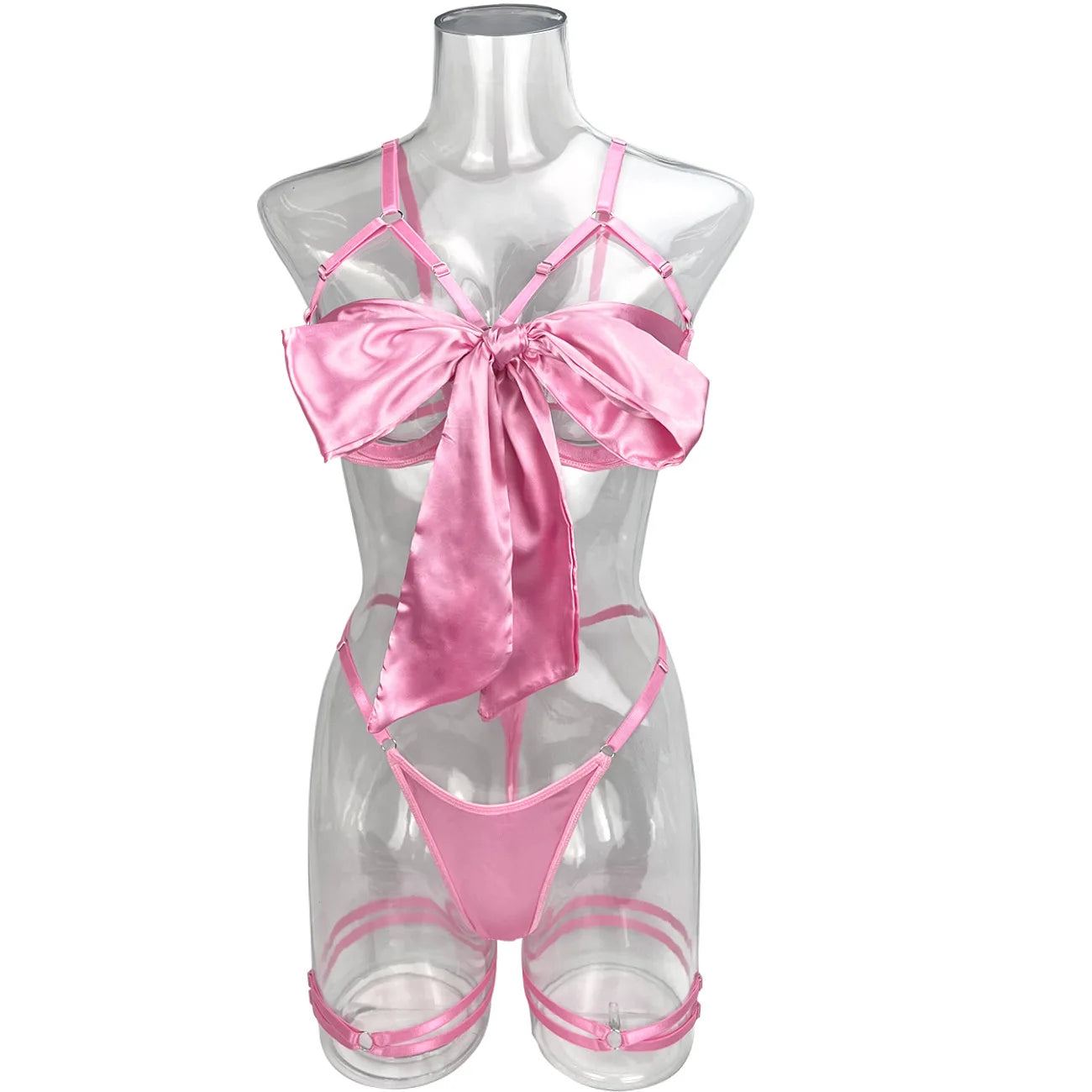 Women's Bowknot Lingerie Open Bra Lace Up Ensemble Lingerie Set