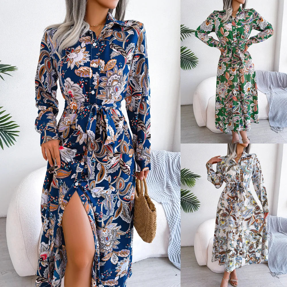 Women'S Spring Summer Retro Floral Collar Long Sleeve Tie Up Shirt Dress