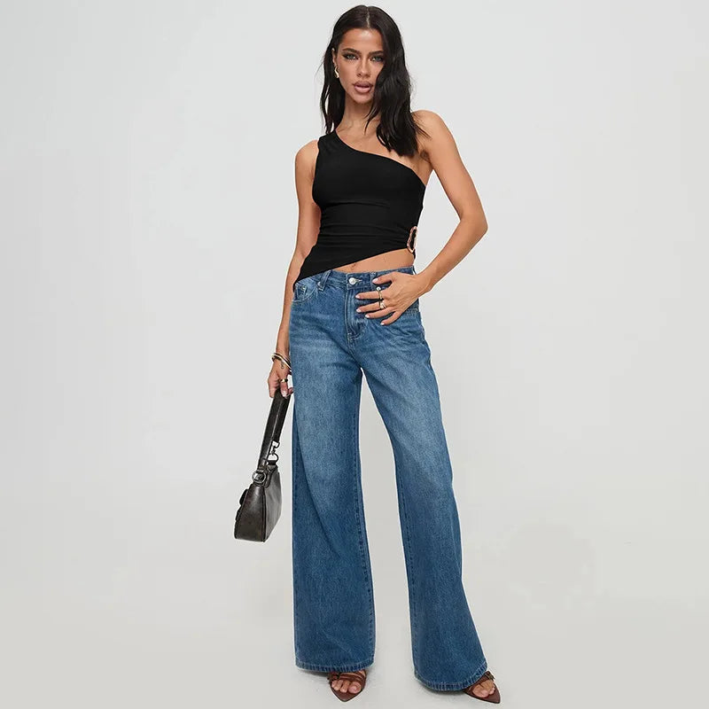 Women's Summer One Shoulder Backless Basic Asymmetrical Crop Top Tank Ruched Top