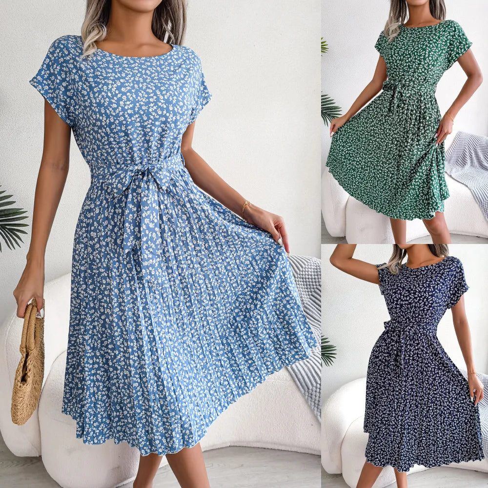 Women's Floral Pleated A Line Long Spring Summer Short Sleeve High Waist Chic Dress