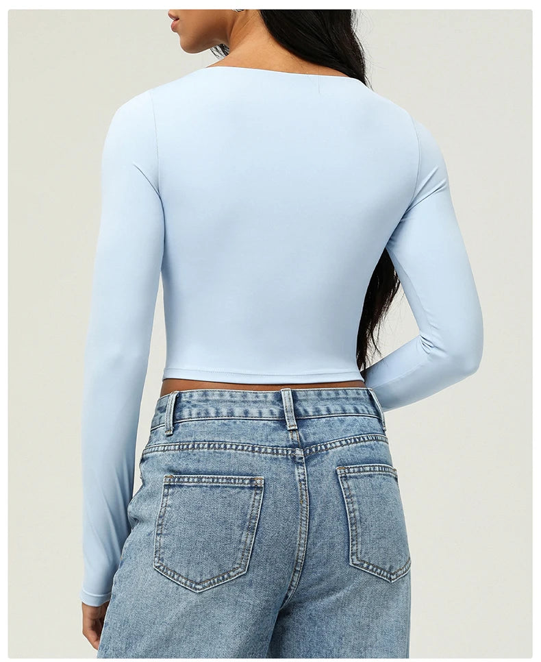 Women's Long Sleeve Yoga T-Shirt Square Neckline Gym Top Breathable Workout Running Crop Top Sportswear