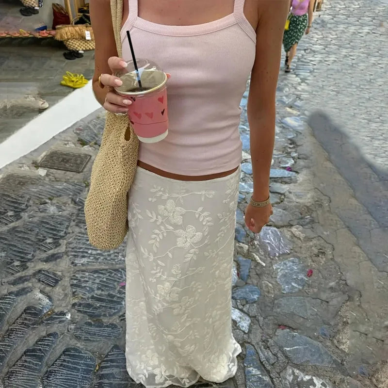 White Jacquard Maxi Skirt - Elegant Low Rise Y2K Summer Skirt