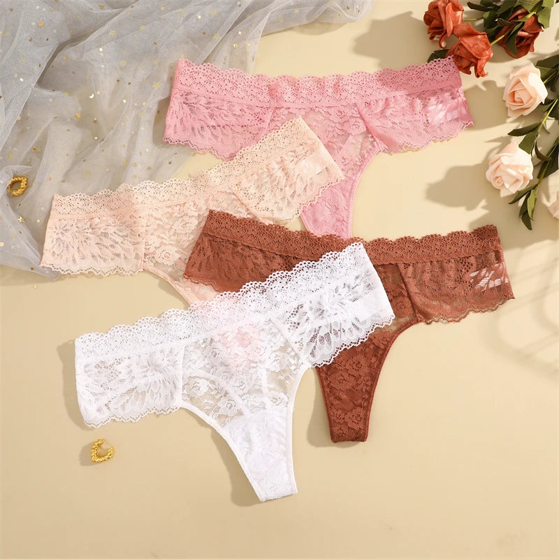 3Pcs Women's Lace Hollow Out Underwear Floral Print Panties Low-Waist Thong Breathable G-string Lingerie