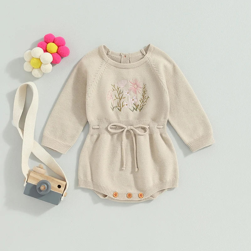 0-24M Baby Girls Romper Long Sleeve Flower Embroidery Drawstring Knit Sweater Jumpsuit