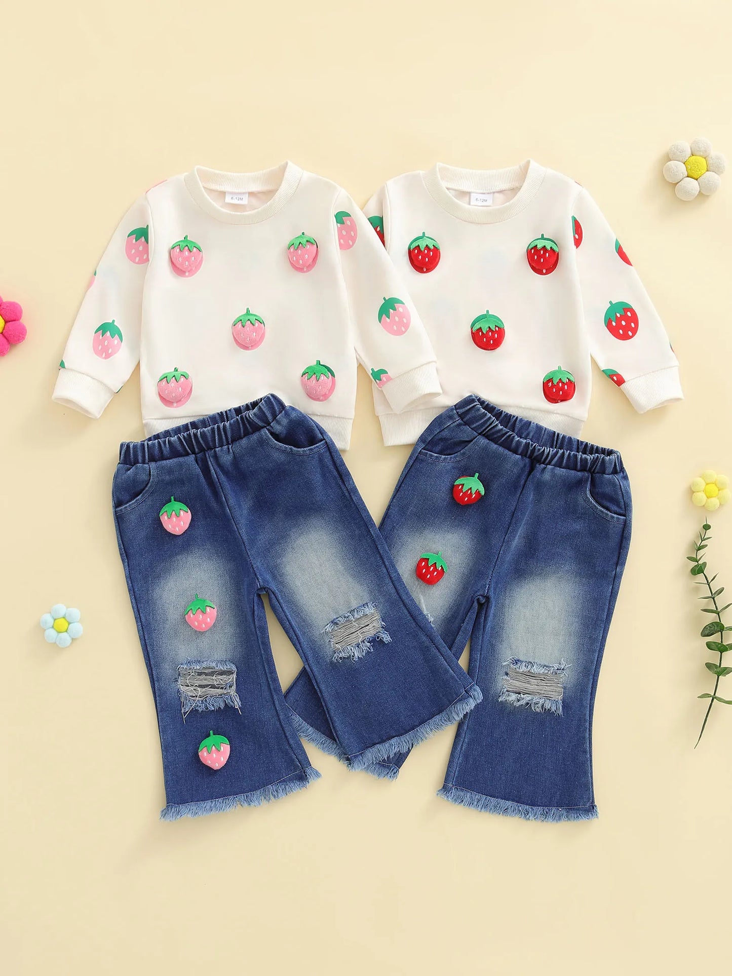 Kids Girls Fall Winter Clothes Set - 3D Strawberry Long Sleeve Pullover Top & Ripped Denim Flare Pants