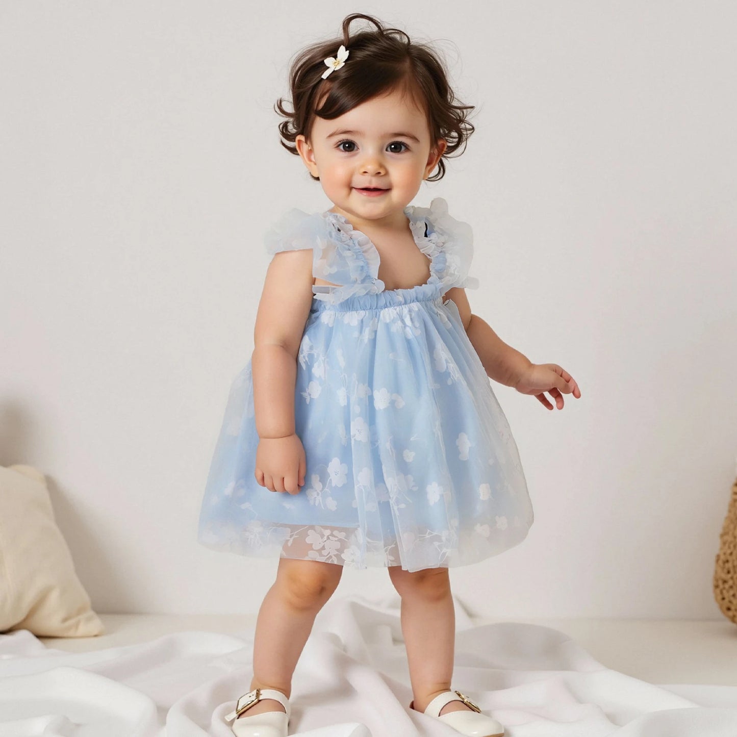 0-4YBaby Girls Summer Dress Glitter Star/Flower Print Fly Sleeve Square Neck Mesh Tulle Summer Dressress