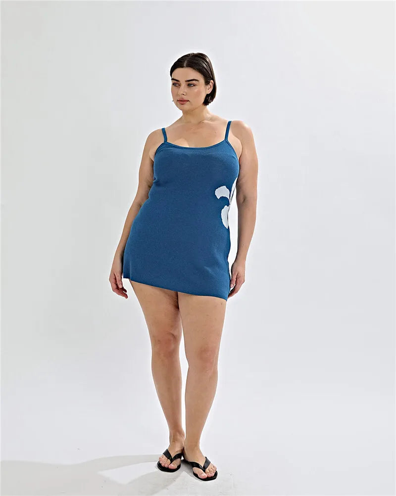 Women's Spaghetti Strap Print Knitwear Mini Robe Summer Sleeveless Backless Beach Dress