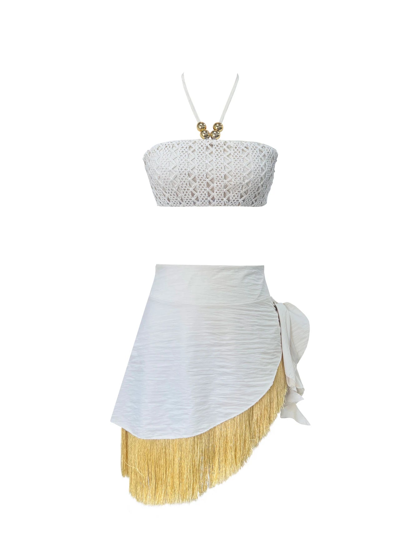 Women's Summer Tassel Two Piece Halter Lace Bra Tassel Mini Skirt Set