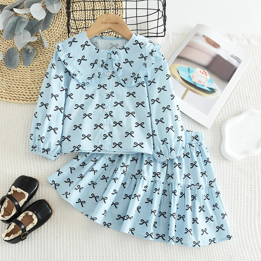 Girl's 2-6 Year Old Bow Print Long Sleeved Lapel Shirt and Skirt Two-piece Set