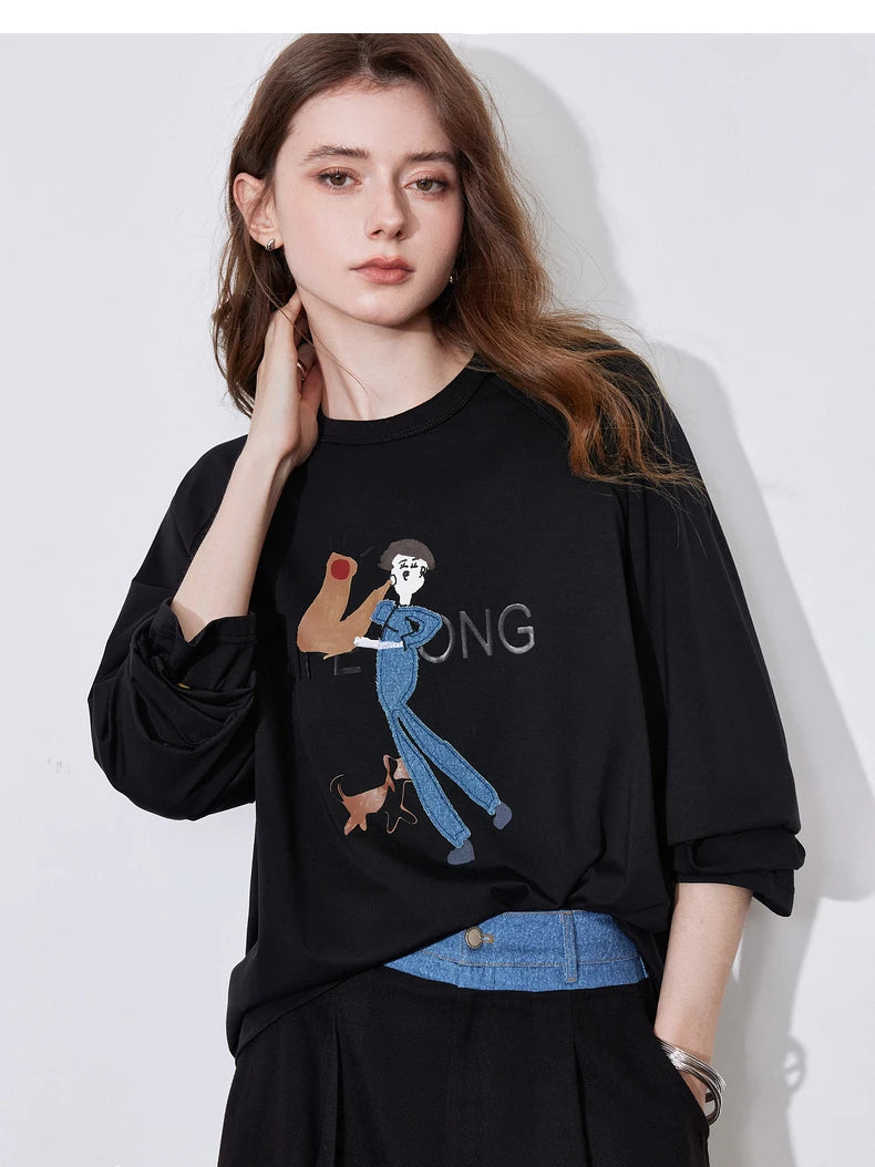 Women's Long Sleeve Lyocell Denim Patchwork Embroidery Cotton Pullover T-Shirt