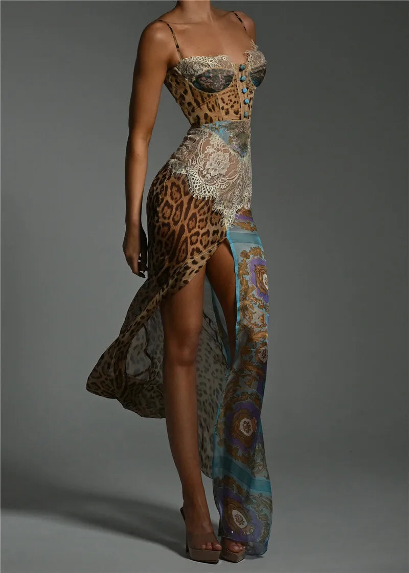 Women's Leopard Print Lace Split Maxi Gown Elegant Patchwork Chiffon Sleeveless Backless Beach Evening Dress
