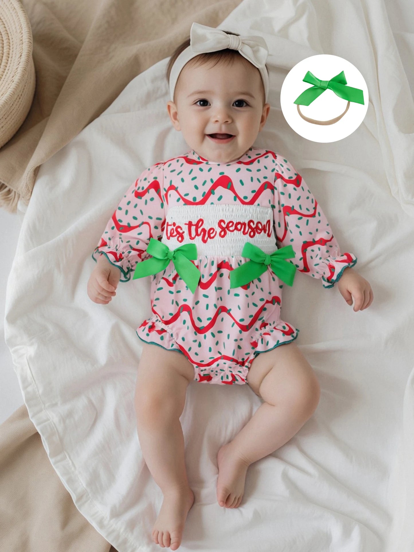 Baby Girls Christmas Romper Set - Letter Embroidery with Bow Headband