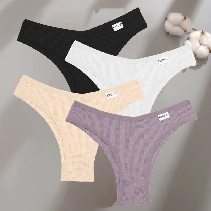 Women's 4Pcs Cotton Breathable Underwear Panties Low-Waist Waffle G-string Stretch Briefs Soft Lingerie
