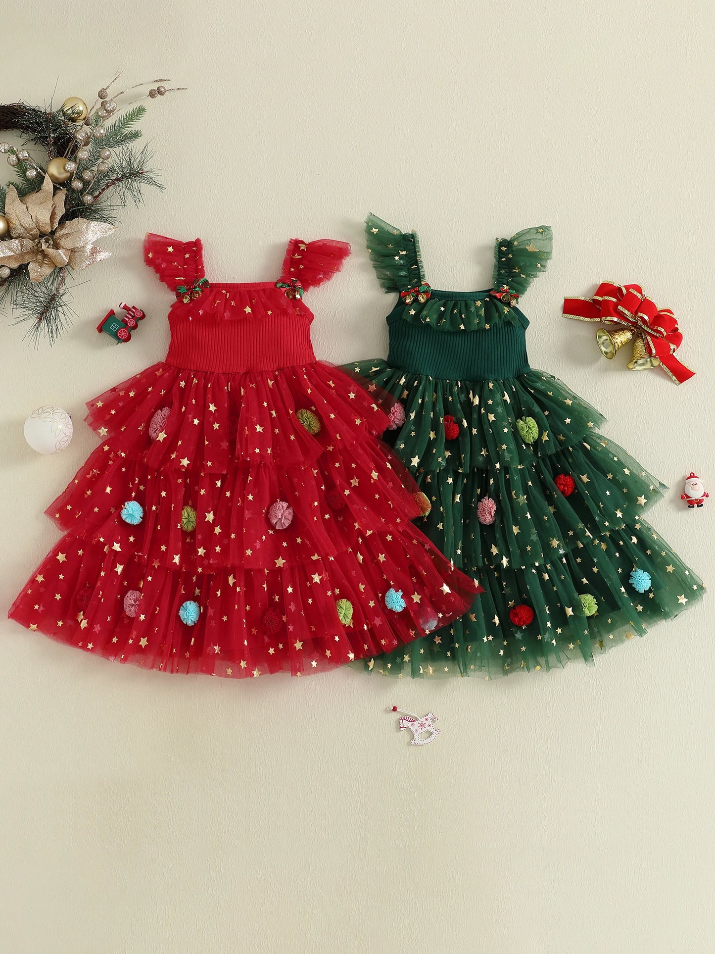 Girl's Christmas Princess Dress - Star Ball Square Neck Layered Tulle A-Line