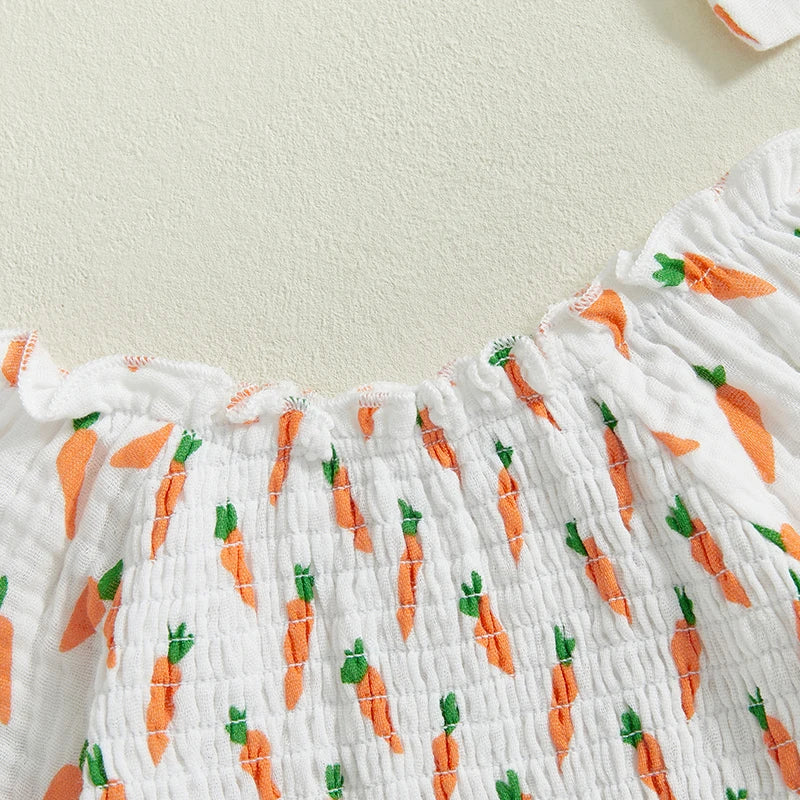 Baby Girls Easter Romper Set - Carrot Print Long Sleeve Jumpsuit with Bow Headband