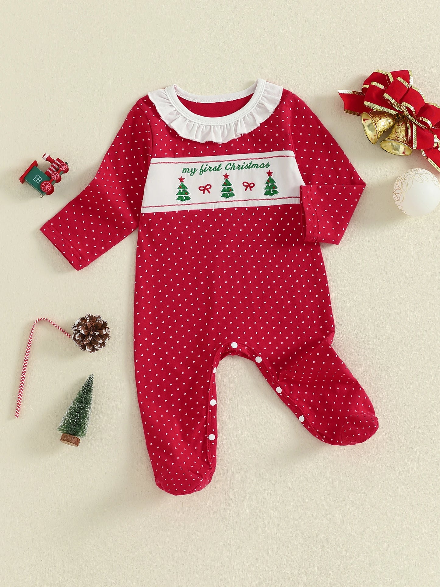 Newborn Baby Girls Christmas Footed Romper - Tree Embroidery Dot Print (0-12M)