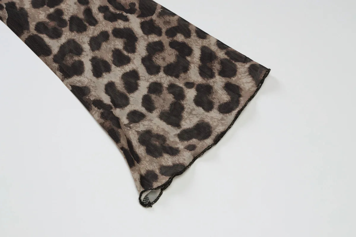 Women's Chic Off Shoulder Leopard Print Long Sleeve Mesh Sheer Slim Cropped Top Coquette