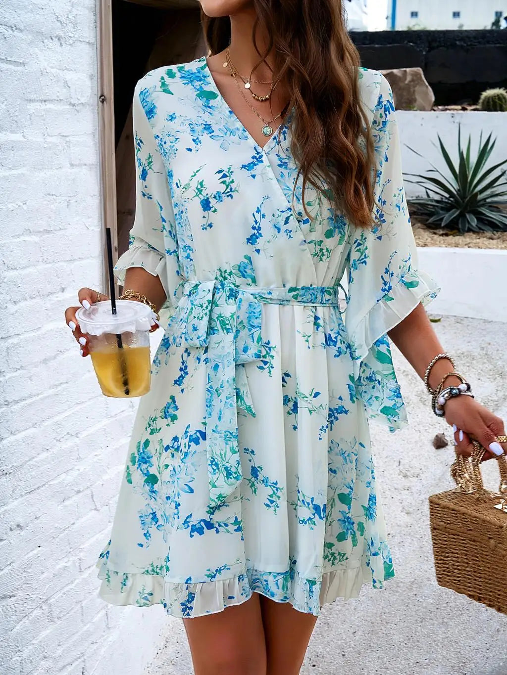 Women's Autumn Winter Half Sleeve Flower Print Elegant V-neck Casual A-Line Knee-Length High Waist Dress