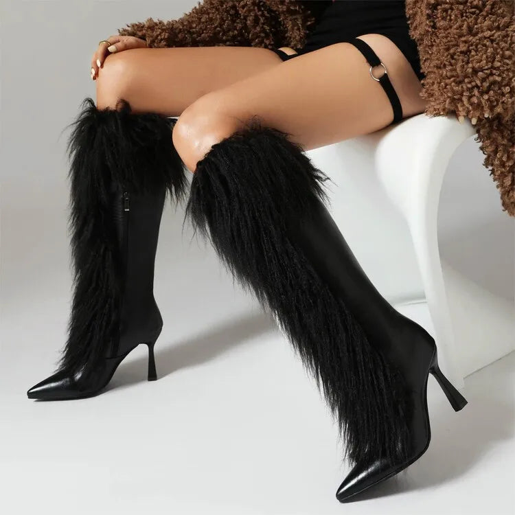 Women's Pointed Patent Leather Knee High Side Zipper High Heel Boots