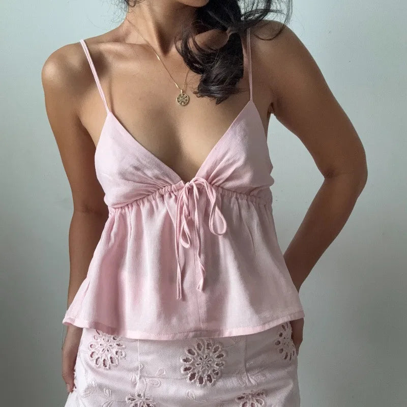 Y2K Camisole Crop Top - Backless Tie Front Top for Women