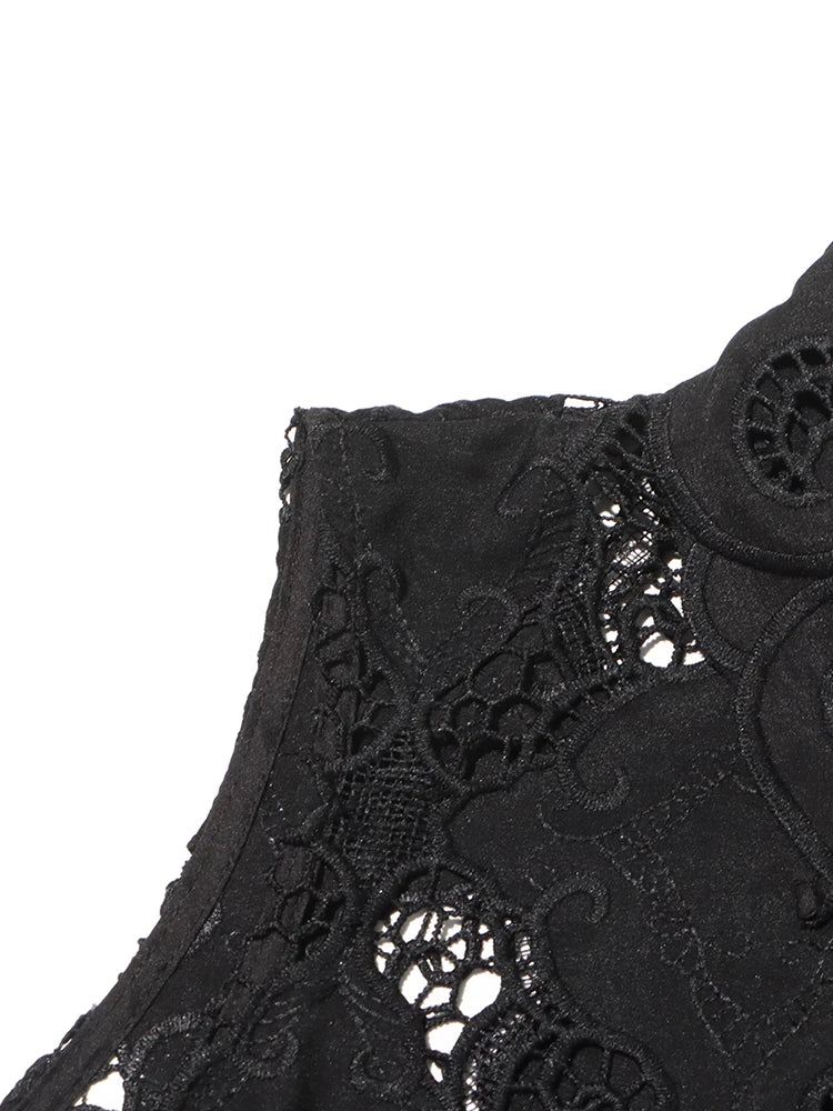 Women's Solid Hollow Out Two Piece Set - Stand Collar Sleeveless Top & Wide Leg Trousers