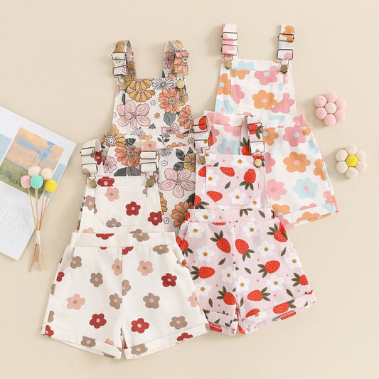 Kids Girls Overalls Shorts 0-6Y Sleeveless Straps Strawberry/Flower Print Denim Button Pocket Jumpsuit