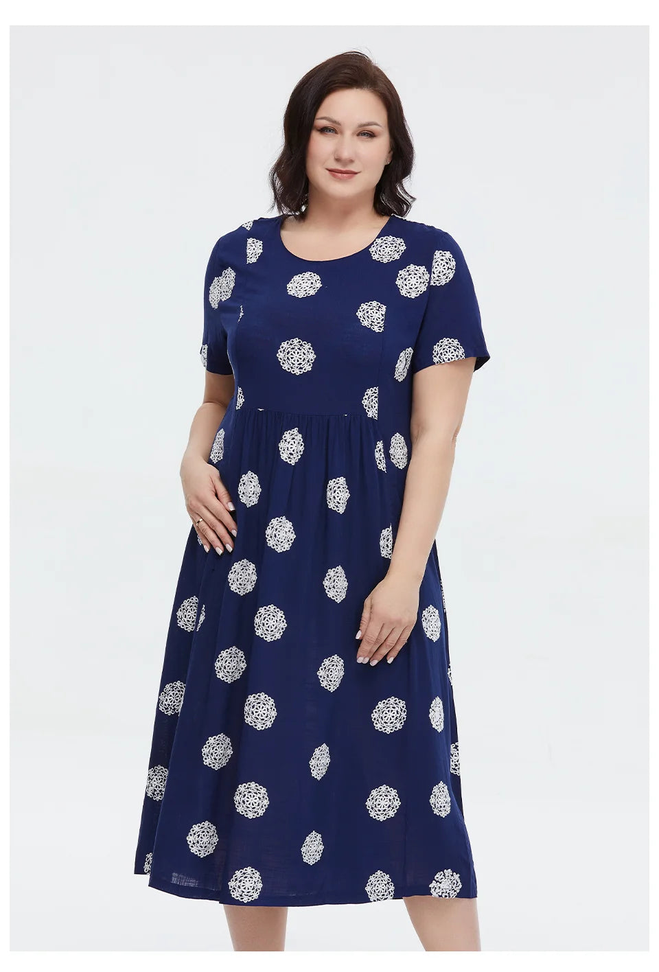 Women's Summer Elegant Cotton Oversize Office Polka Dot Embroidery Design Pocket Long Dress