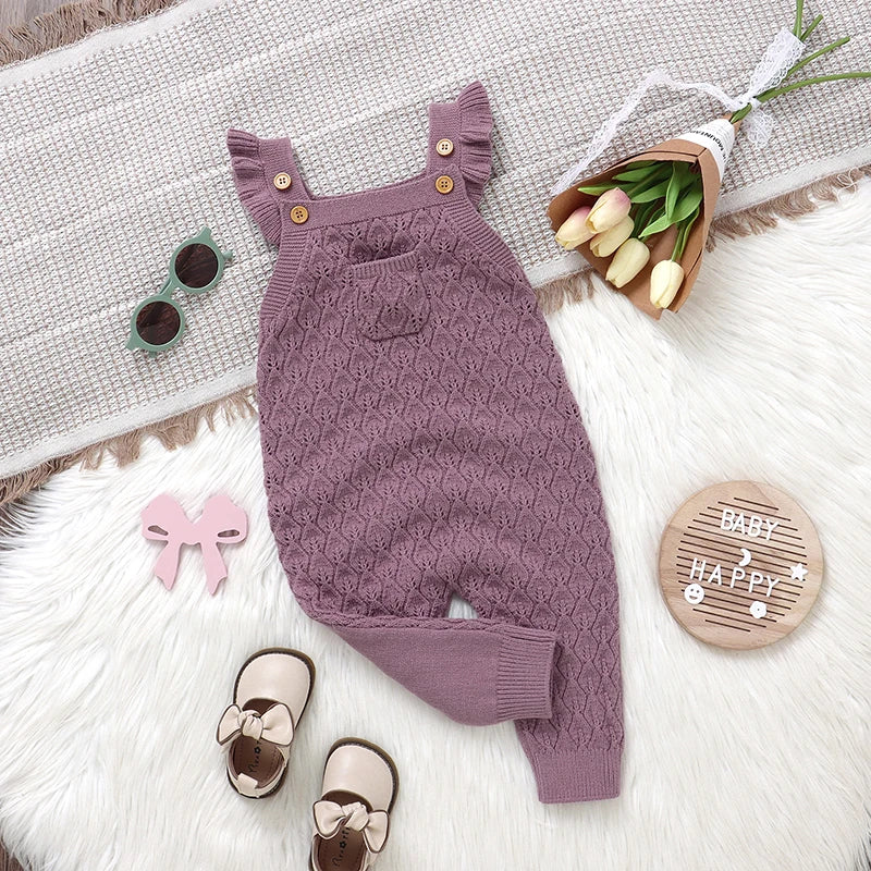 Baby Autumn Romper - Solid Ruffles Fly Sleeve Knit Jumpsuit Overalls Sweater