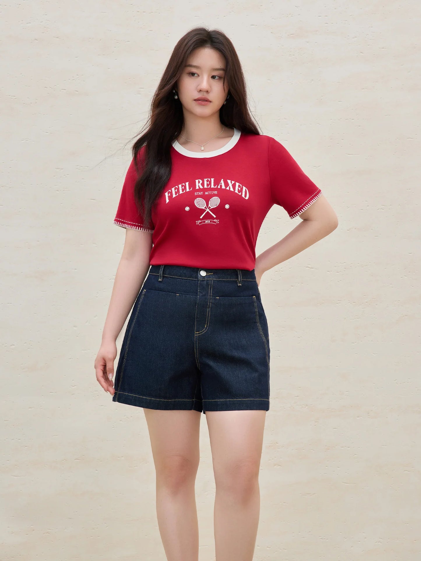Women's Vintage Contrast-Stitch Round Neck Tee - Relaxed Fit Cotton Blend Summer Top