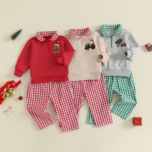 Baby Boys Christmas Clothes Set - Xmas Tree Embroidery Zip Pullover & Plaid Pants