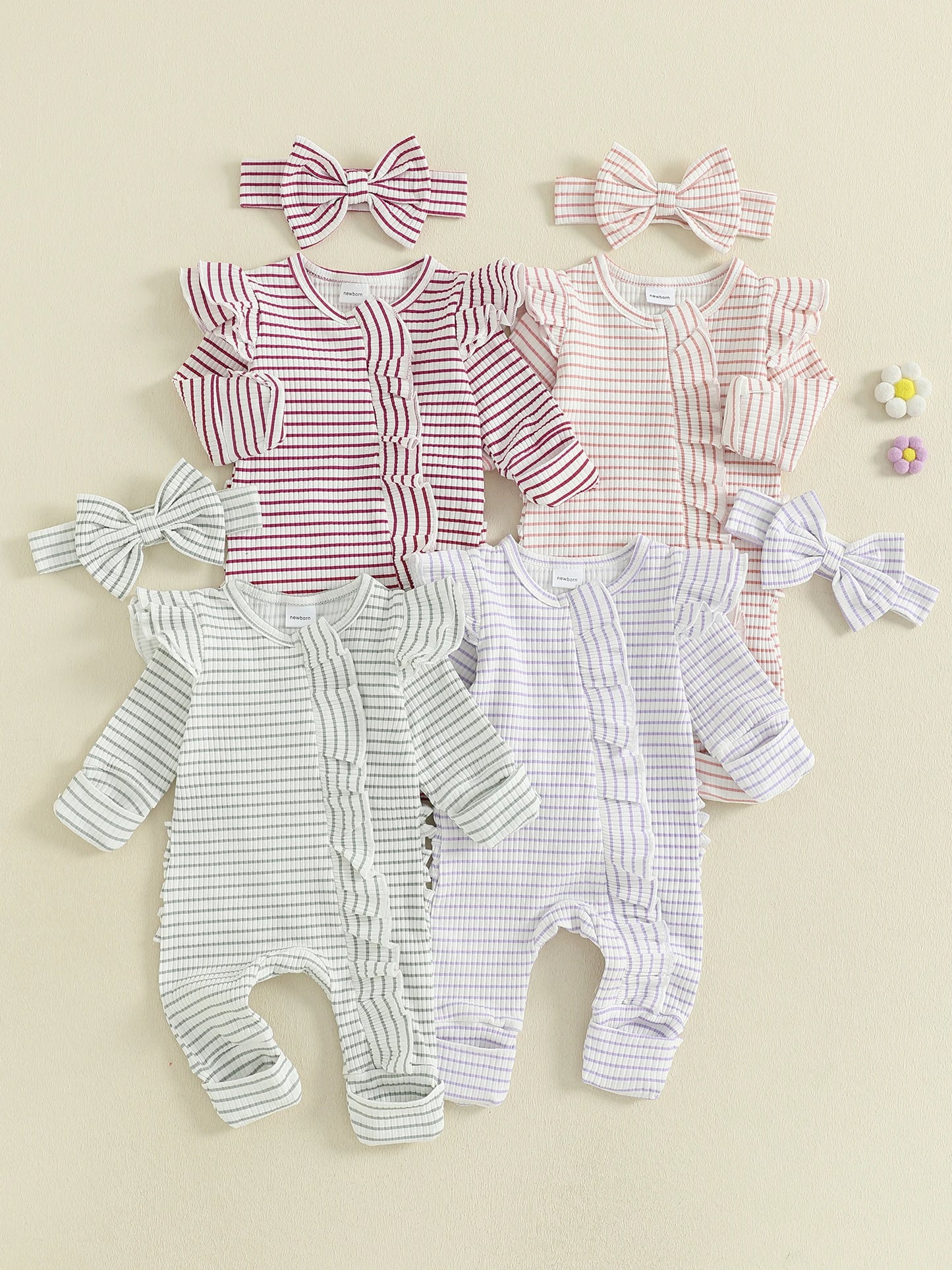 Newborn Baby 2-Piece Romper Outfit Set - Striped Jumpsuit with Headband