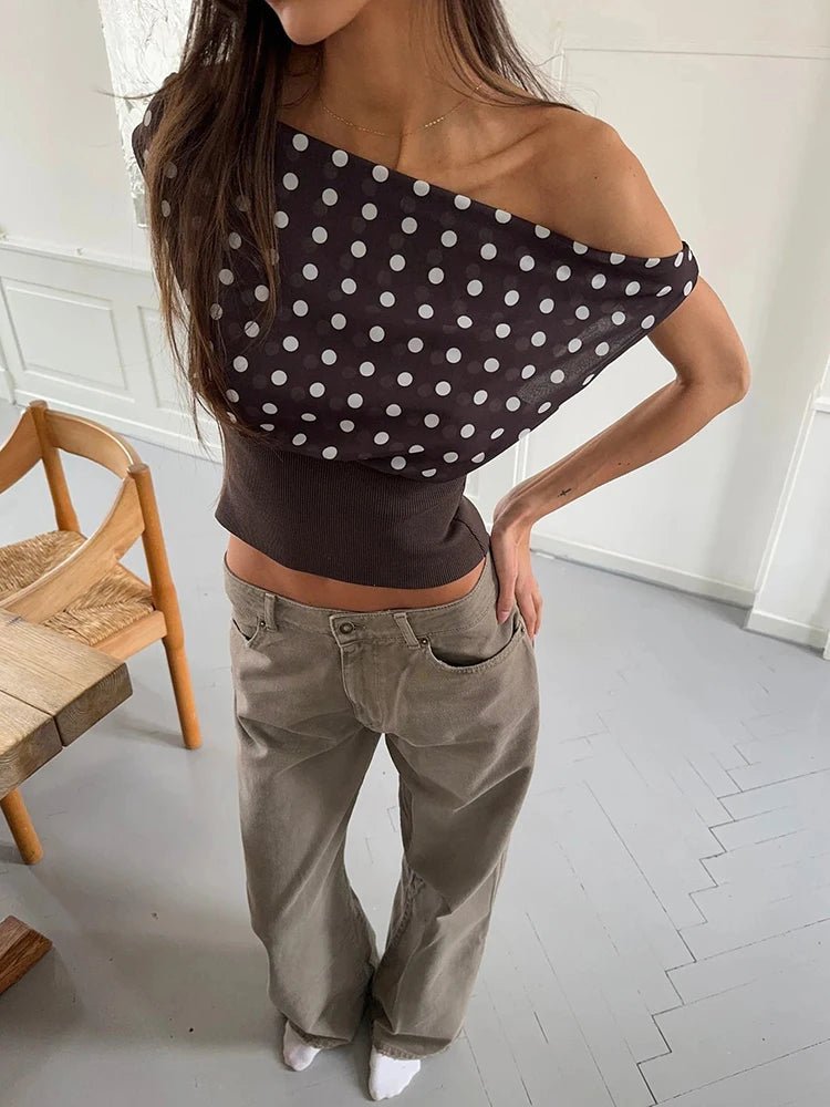 Women's Backless Polka Dot Crop Top Summer New Oblique Shoulder Sleeveless Tank Top