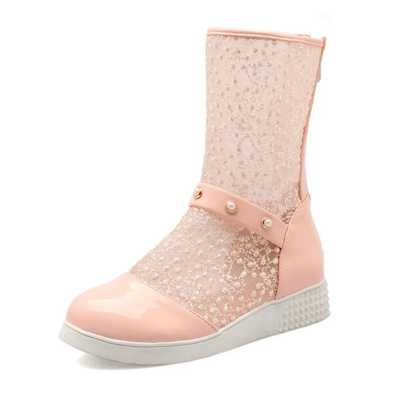 Women's Leather Splicing Mesh Pearl Metal Decoration Zipper Ankle Boots