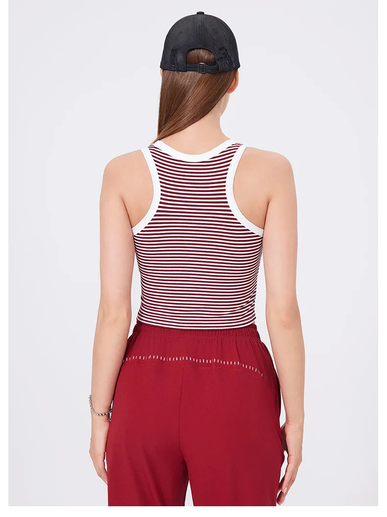 Women's Sleeveless Gym Crop Top Summer Stripes Running Vest With Chest Pads Breathable Quick Dry Sportswear Workout Vest