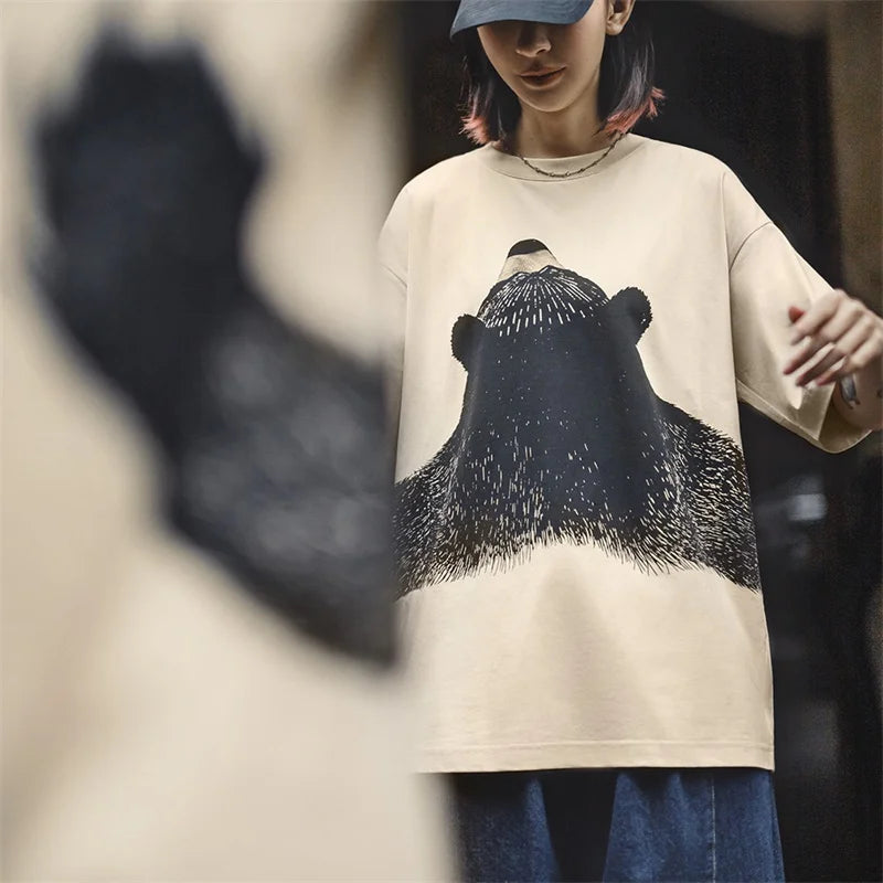 Women's Apricot Bear Print Oversized T-Shirt - Cute Loose Fit Ribbed Crew Neck Summer Tee