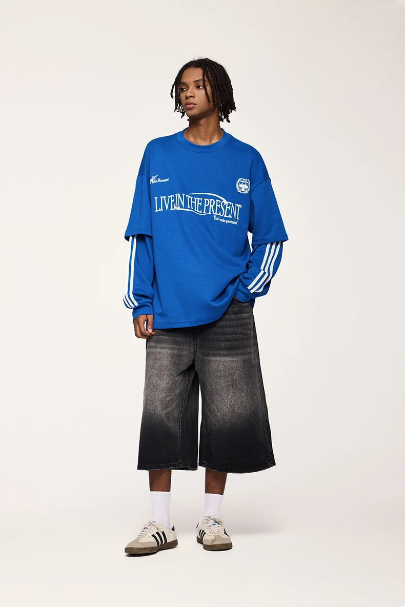 Unisex Retro Double Layer Streetwear Hip Hop Oversized Long Sleeve Sportswear T-Shirt