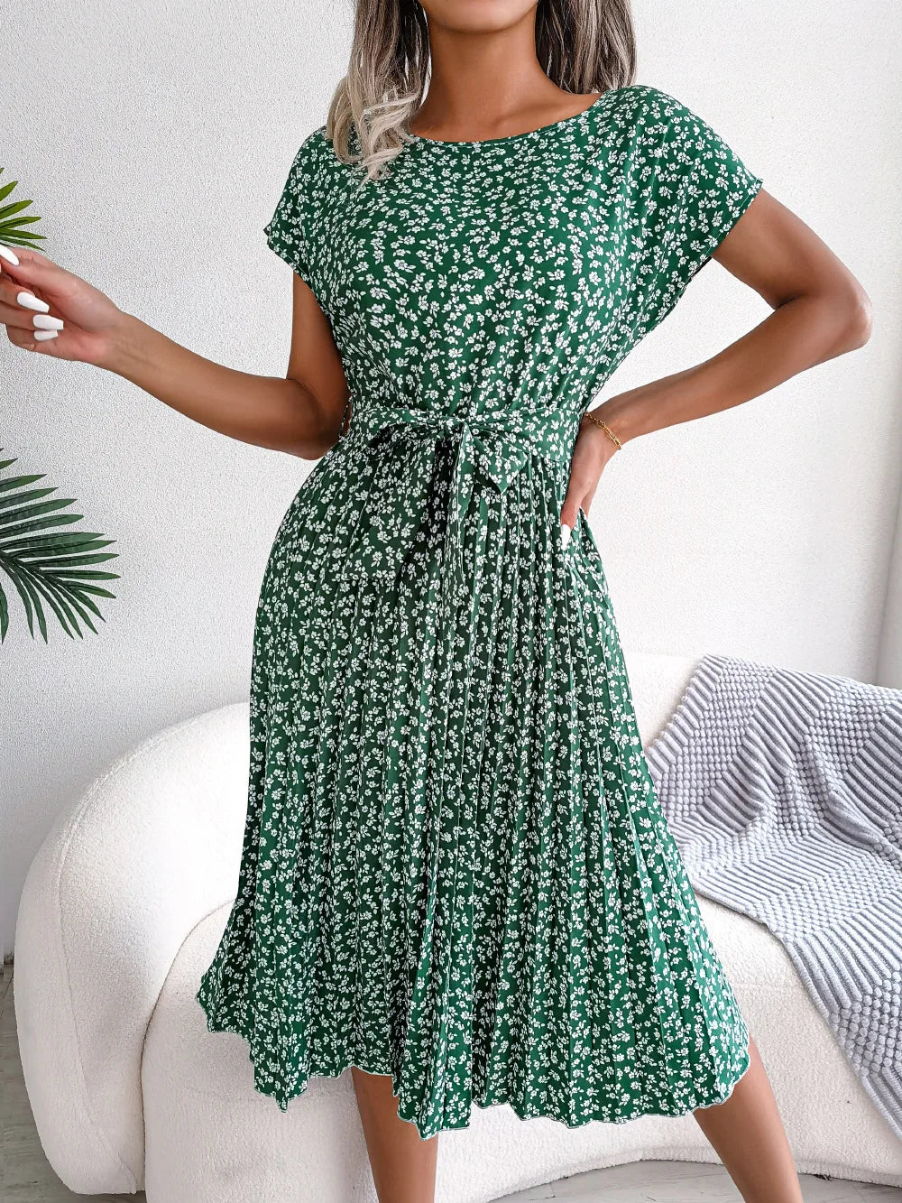 Women's Floral Pleated A Line Long Spring Summer Short Sleeve High Waist Chic Dress