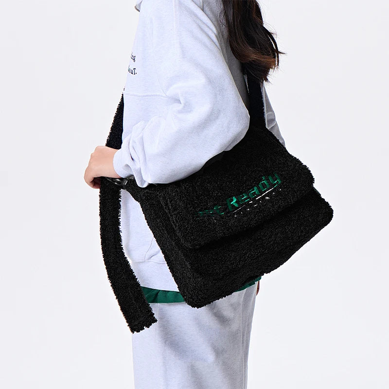 Sherpa Faux Lamb Wool Messenger Bag - Large Capacity Crossbody Shoulder Bag