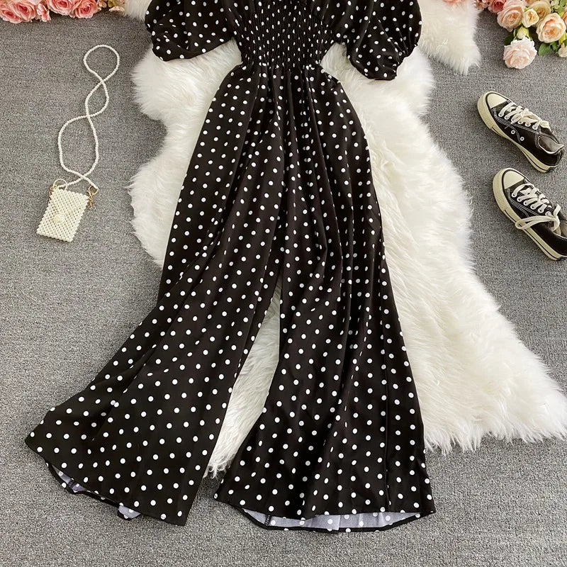 Women's V-Neck Polka Dot Jumpsuit - Wide Leg Trousers with Dolman Sleeves