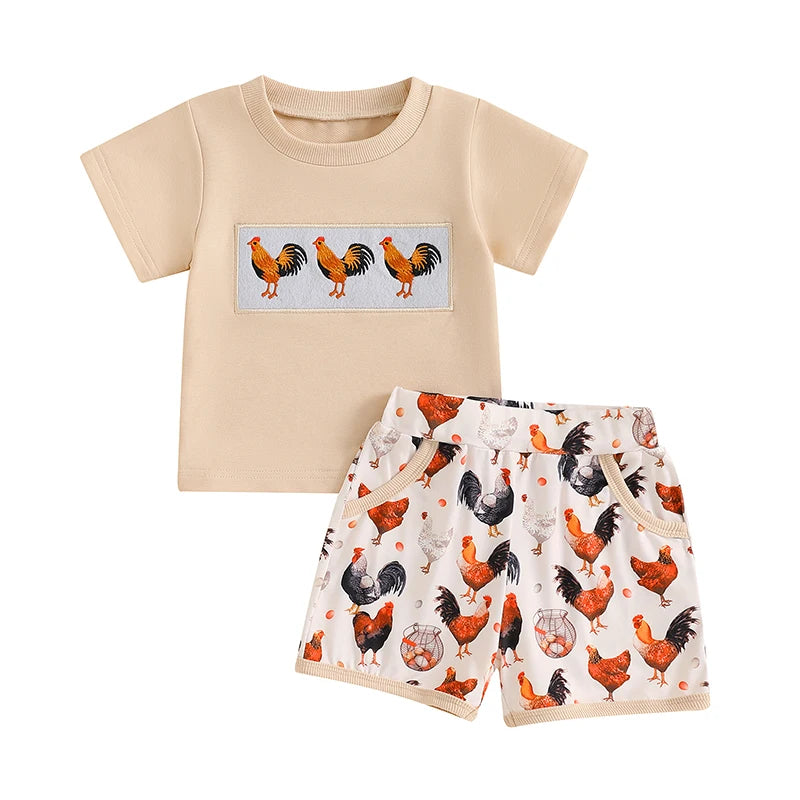 0-4Y Toddler Kids Boys Clothes Sets Rooster Embroidery Short Sleeve T-shirts Elastic Waist Shorts 2PCS