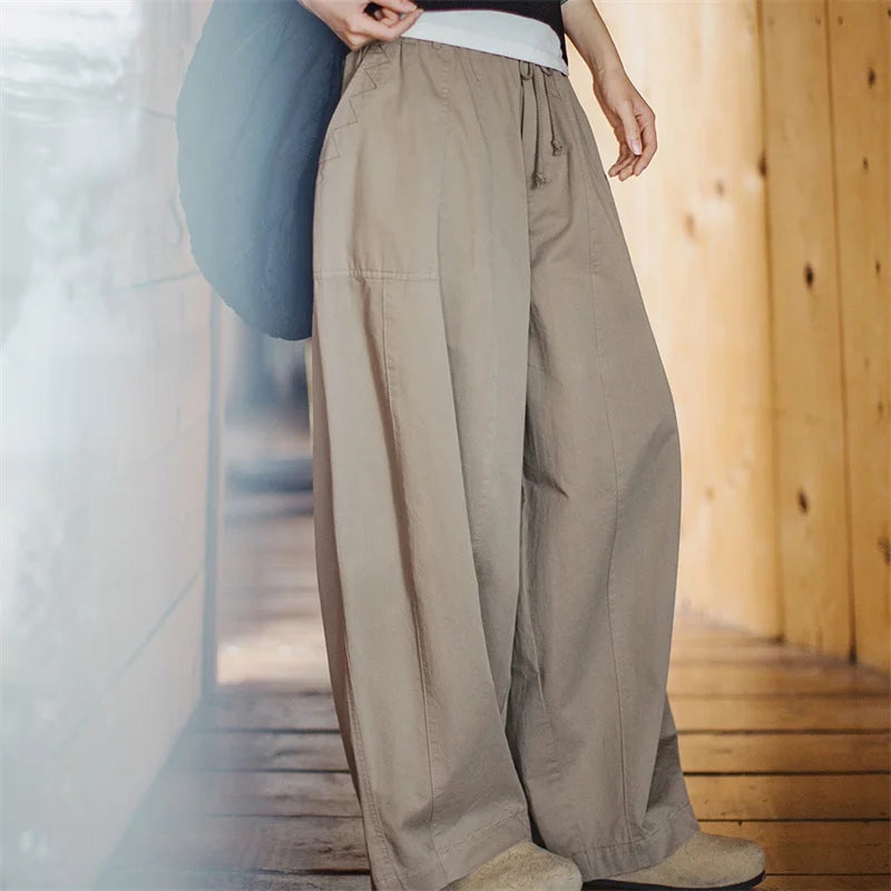 Women's Wide Leg Cargo Trousers - Khaki Elastic Waist Pocket Pants