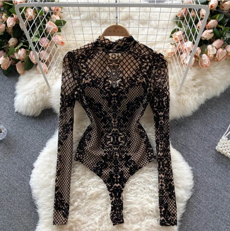 Women's Summer Chic Flocking Slim Backless Bodycon Bodysuit