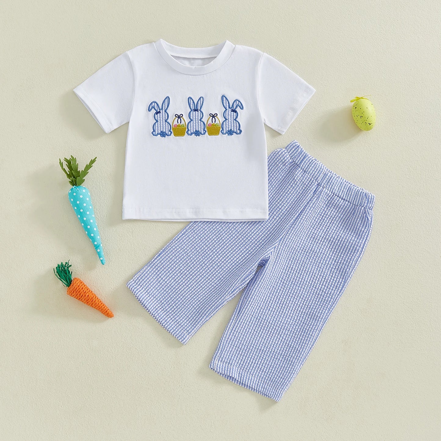 0-4Y Toddler Kids Boys Easter Clothes Sets Short Sleeve Rabbit Embroidery T Shirts Plaid/Striped Pants Set