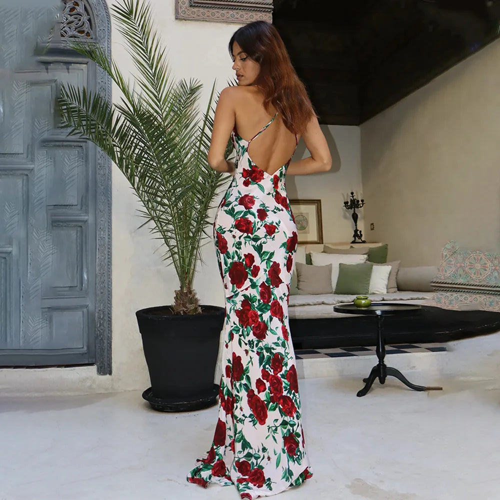 Women's Floral Print V Neck Scarf Draped Maxi Summer Backless Outfit Party Dress