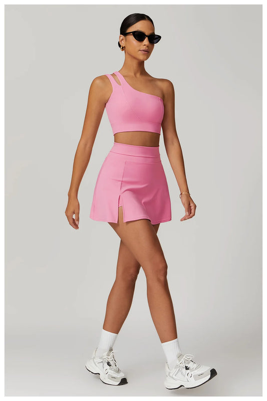 Women’s 2pc Sports Skirt Suit Outdoor Leisure Single Shoulder Bra Suit Quick Drying Tennis Set Yoga workout Skirt Set