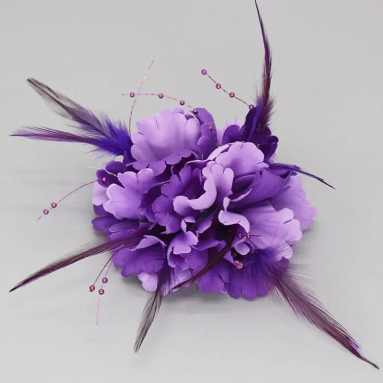 Handmade Fabric Flower Brooch - Pearl Feather Wedding Party Corsage