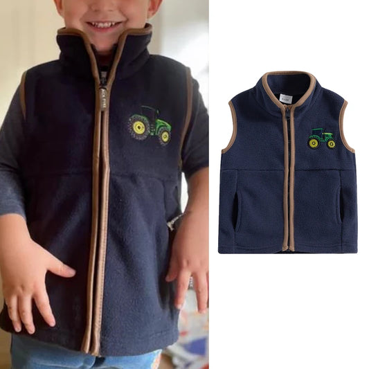 Toddler Boy's Autumn Vest - Sleeveless Zip-Up Tractor Embroidery Fleece Jacket