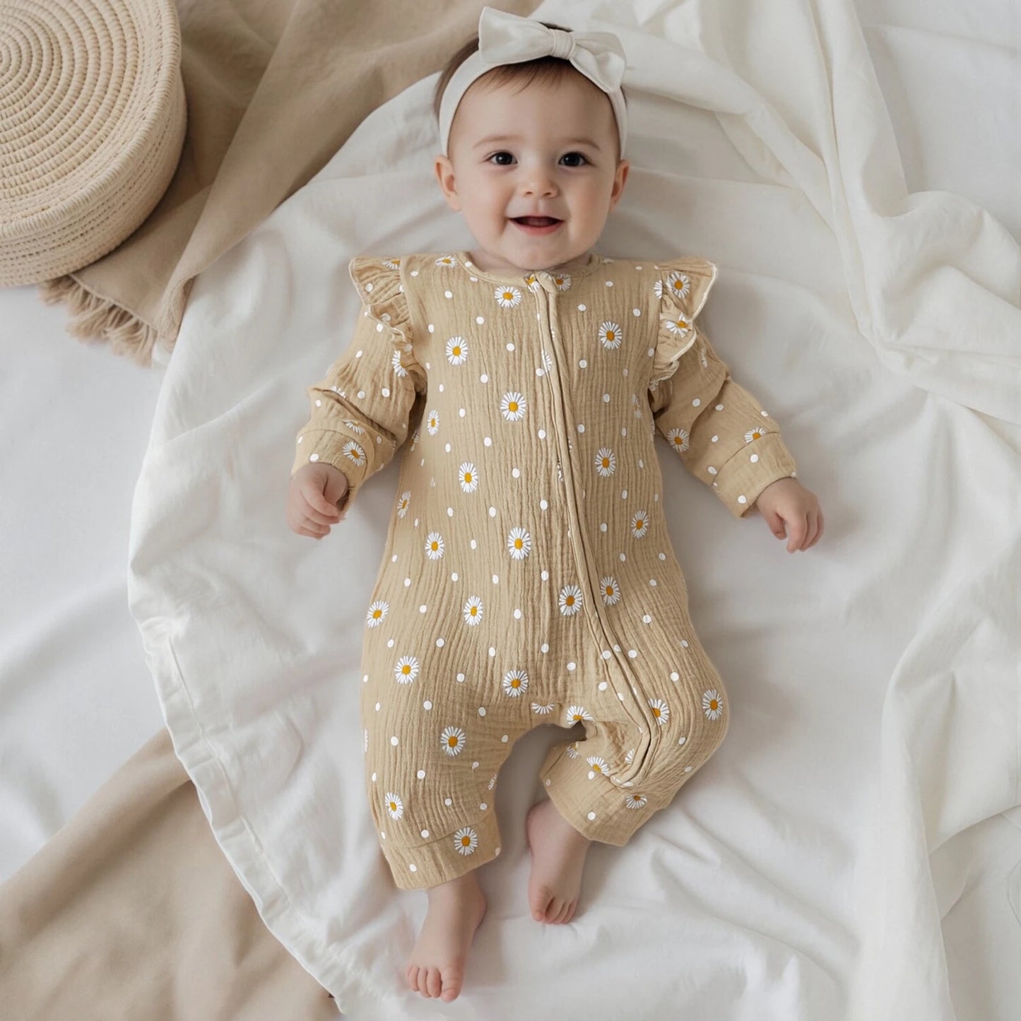 Baby Girls Fall Jumpsuit - Long Sleeve Flower Print Zipper Romper (0-18M)